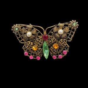 Vtg Czechoslovakia Brass Filigree Butterfly Flower Brooch w/Rhinestones